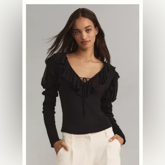 NWT By Anthropologie Black Feminine Whimsy Long-Sleeve Ruffled Top, size Small - Picture 1 of 13